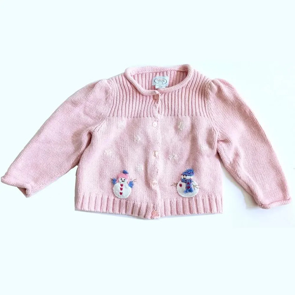 Talbots KidsVintage 90s Baby Girls Pink Knit Winter Snowman Cardigan Sz 12 mos